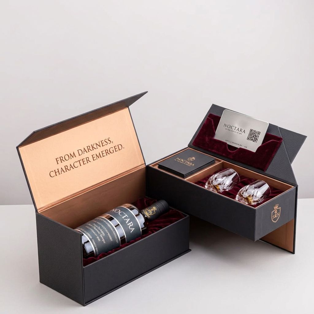 Two matte charcoal Noctara presentation boxes: one open with the bottle in burgundy velvet under a copper-lined lid reading From Darkness, Character Emerged, the other holding two crystal tasting glasses, a black story booklet and a silver Noctara collector card