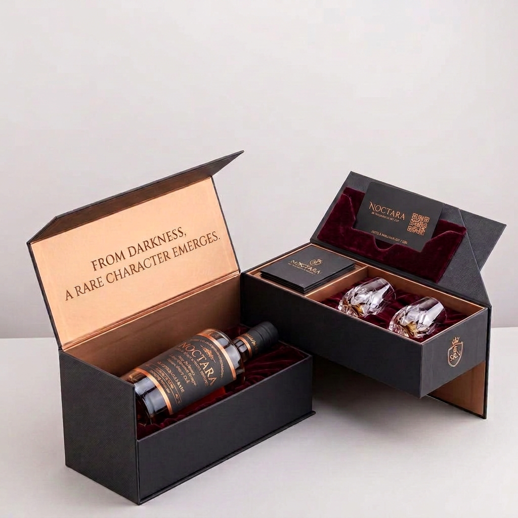 Two matte charcoal Noctara presentation boxes: one open with the bottle in burgundy velvet under a copper-lined lid reading From Darkness, A Rare Character Emerges, the other holding two crystal tasting glasses, a black story booklet and a black copper-engraved Noctara collector card