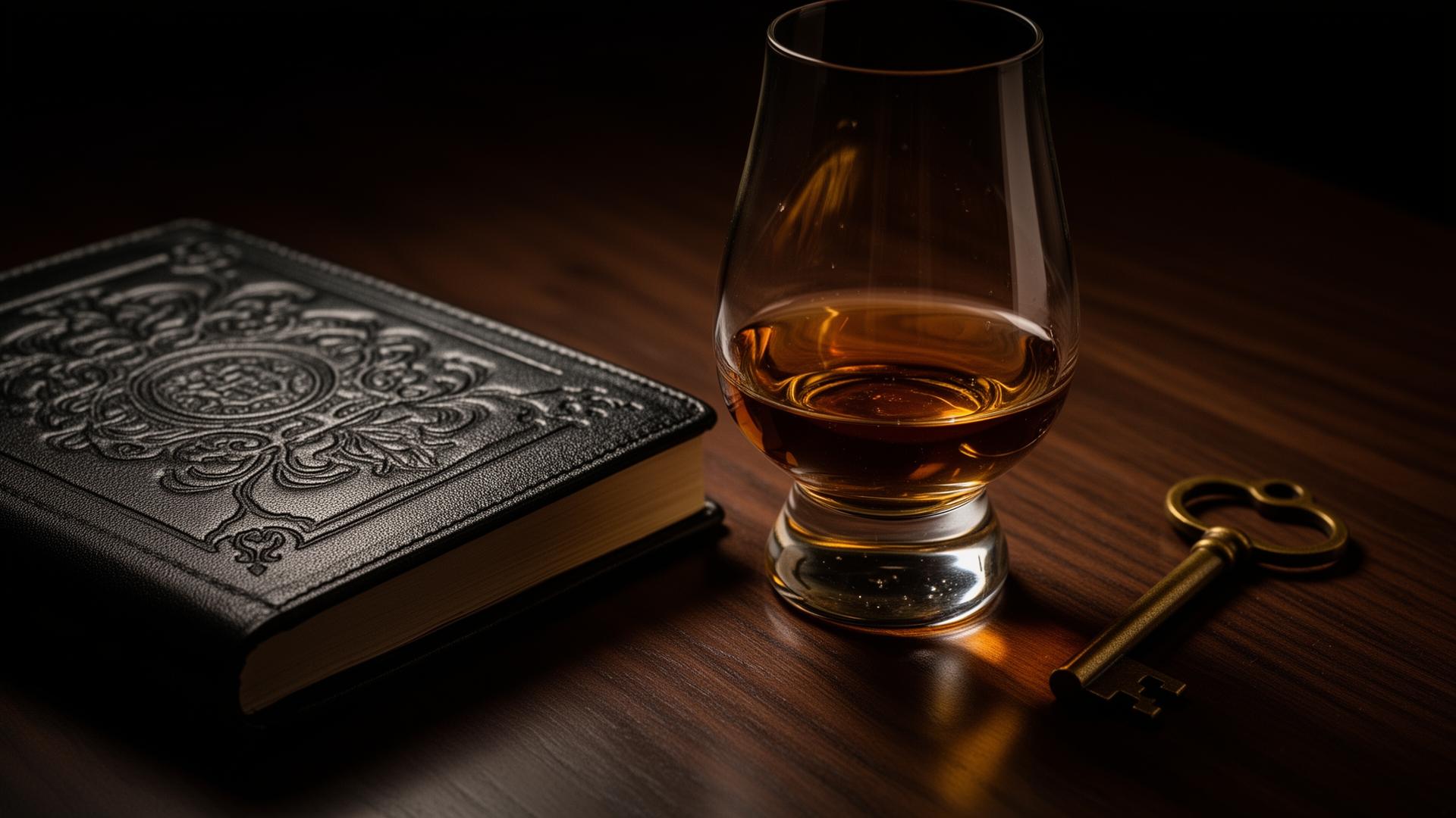A whisky glass and embossed leather journal in low light