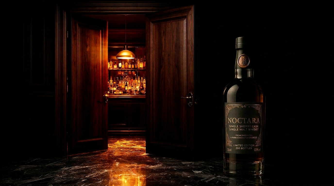A walnut speakeasy door left slightly ajar, revealing the warm glow of a hidden whisky bar inside