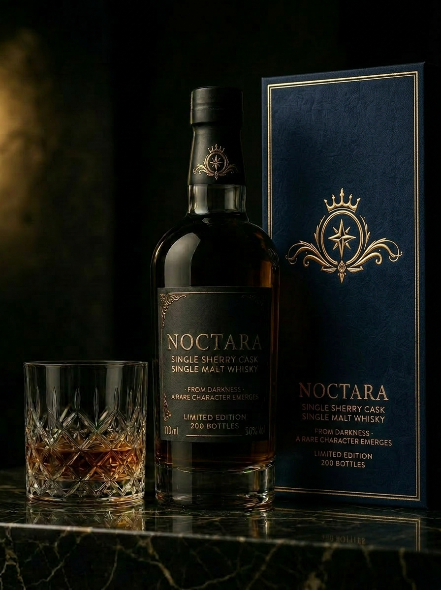 Noctara single sherry cask single malt whisky bottle with matte black gold-foil label