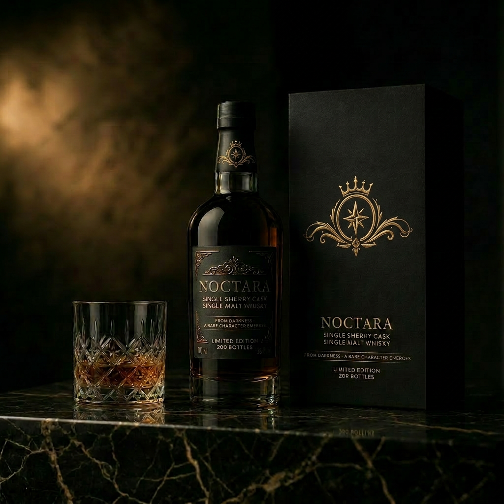 Noctara 11-year single sherry cask single malt whisky bottle with matte black gold-foil label, beside its presentation box stamped with the antique copper-gold N wax seal