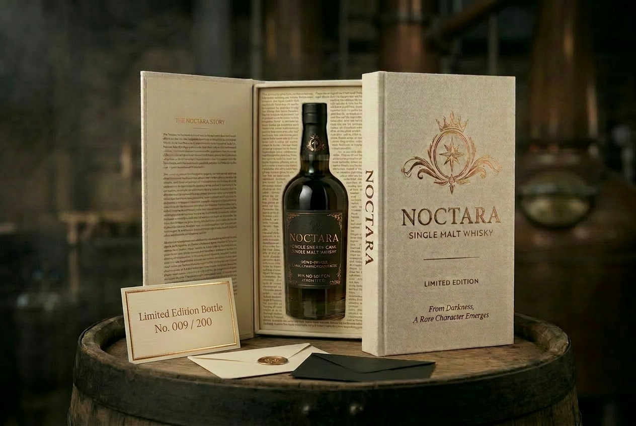 Noctara single malt whisky presentation: a white linen-bound book-style box embossed in copper foil with the Noctara crest, opened to reveal the bottle nested in cream velvet beside the printed Noctara story, with a wax-sealed envelope and a black-and-gold Bottle No. 009 / 200 card resting on an oak whisky barrel