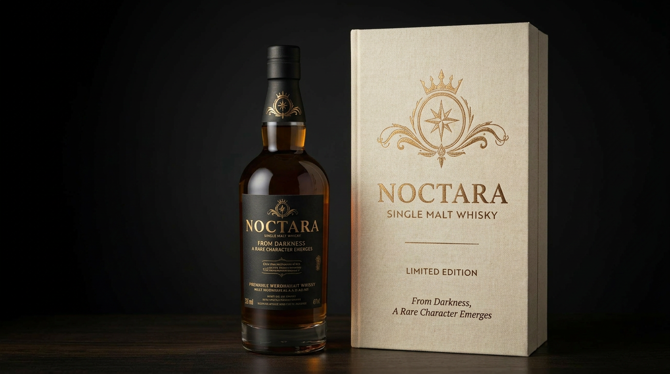 Noctara 11-year single sherry cask single malt whisky bottle with matte black gold-foil label, standing beside its closed cream linen presentation box embossed with the gold Noctara crest