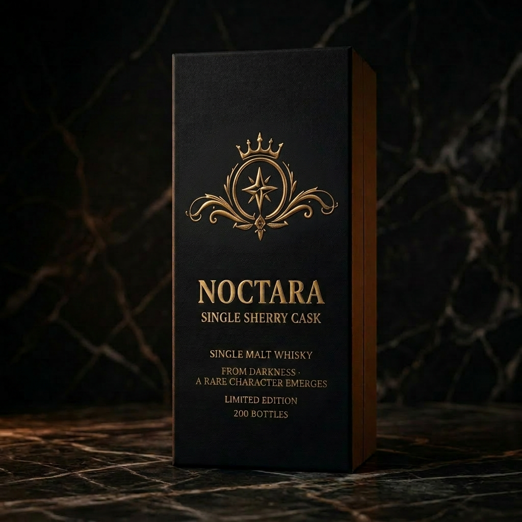 Tall matte black Noctara presentation box on dark marble, embossed with the gold N wax seal and gold serif Noctara wordmark