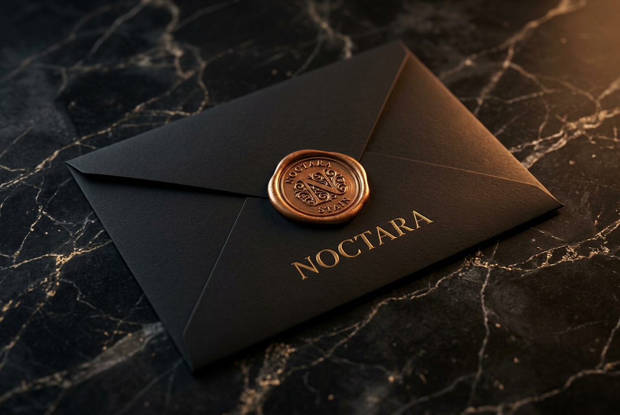 Folded matte black Noctara invitation card on dark marble, sealed with an antique copper-gold N wax seal
