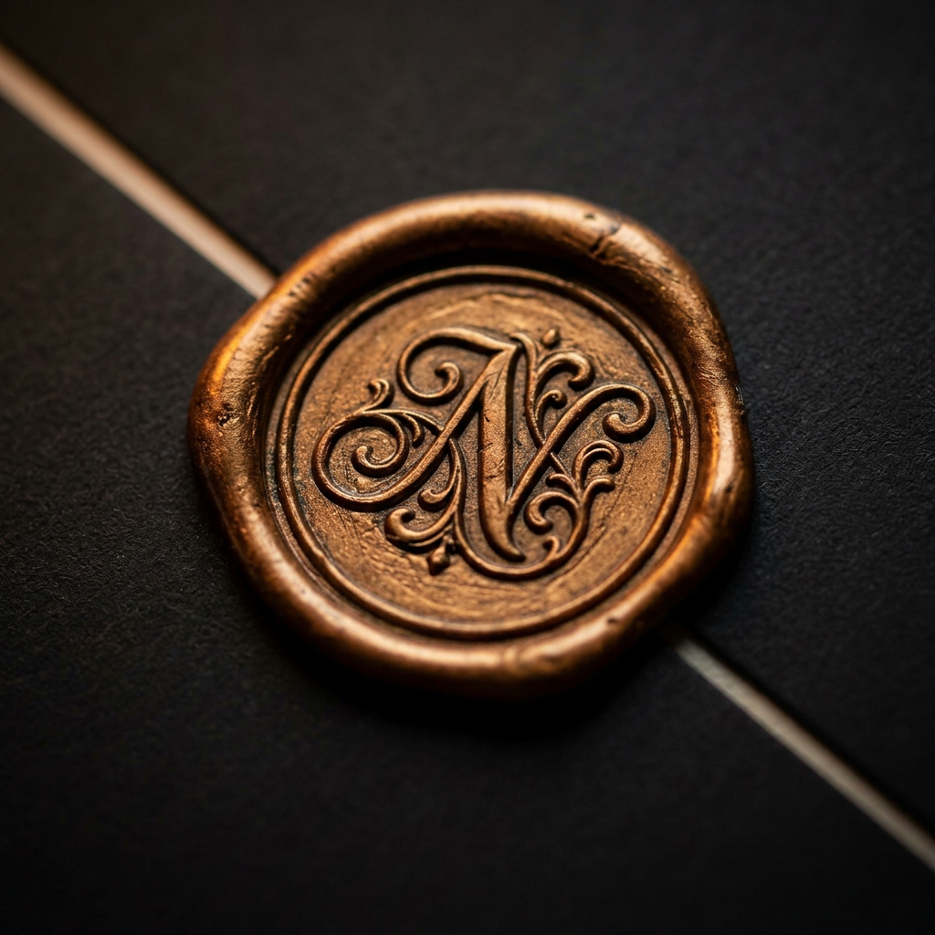 Close-up of an antique copper-gold wax seal embossed with an ornate Noctara N monogram, pressed onto matte black paper